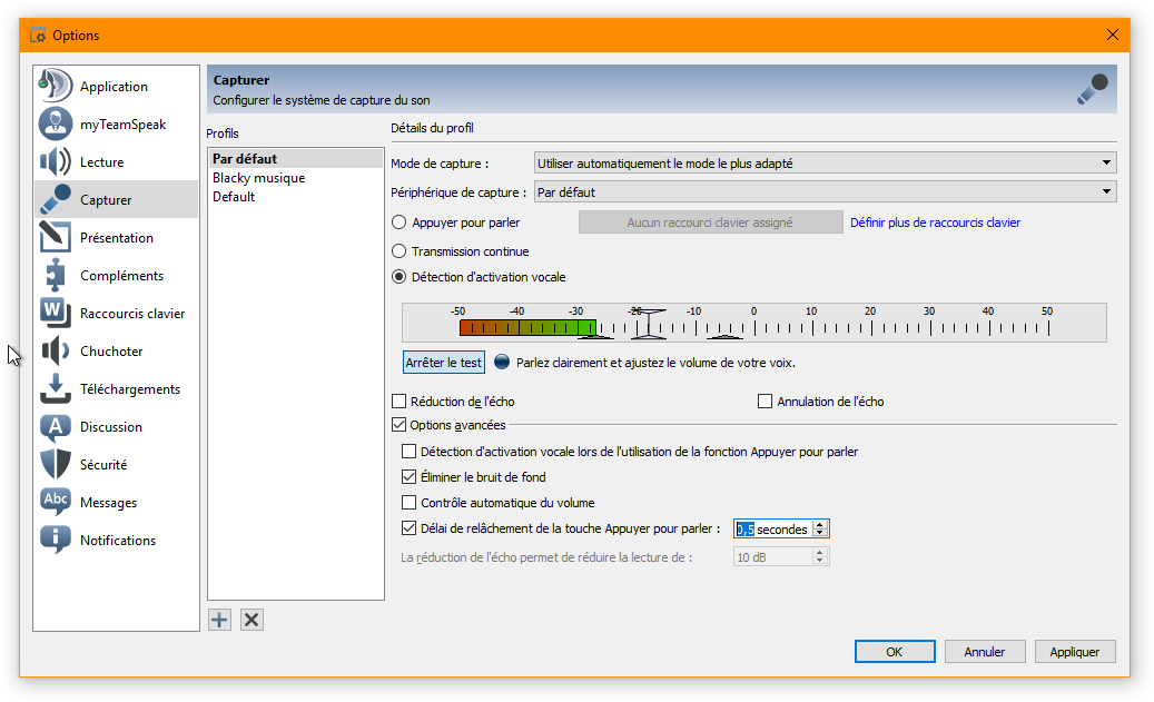 Options de capture microphone de TS3